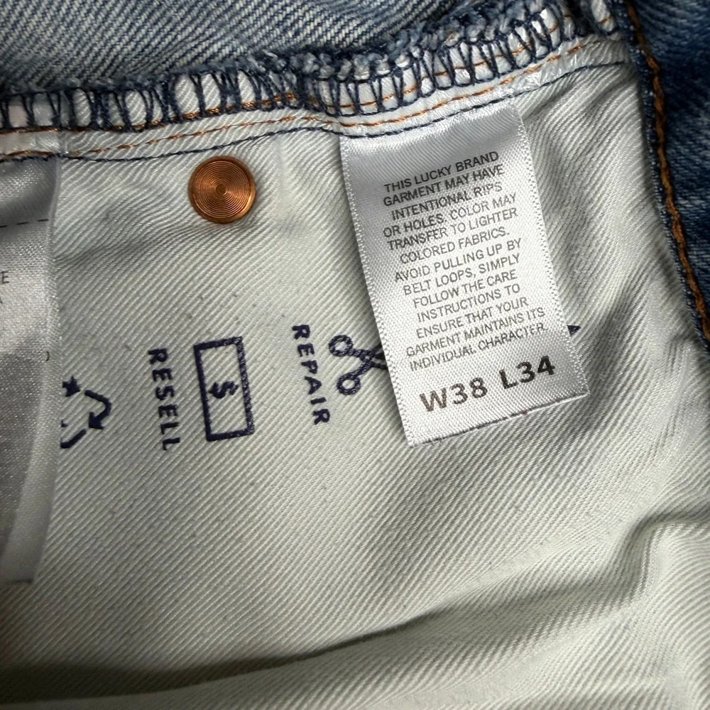 Lucky Brand Easy Rider Boot Cut Jeans Mens Sz 38x34 Light Wash Blue Distressed